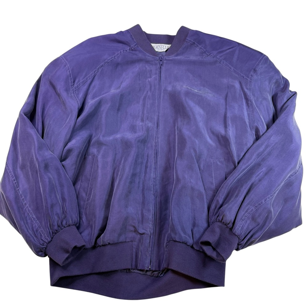 Genelli 100% Pure Silk Bomber Jacket Purple Full Zip Size‎ Medium Ribbed Cuffs